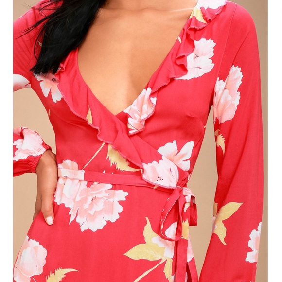 Billabong Coral Red Floral Print Wrap Dress! - Picture 2 of 8